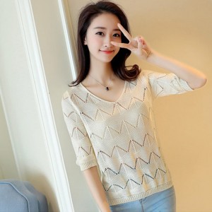 V Neck Short Sleeves Knitted Winter Top - White	