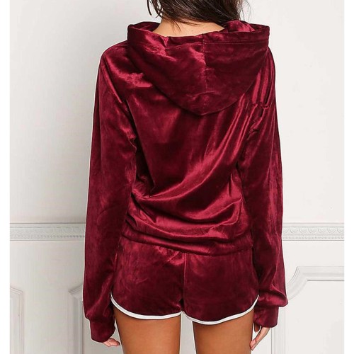 Full Sleeved Velvet Hooded Two Piece Short Hoodie Set - Red image