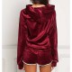 Full Sleeved Velvet Hooded Two Piece Short Hoodie Set - Red image