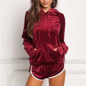 Full Sleeved Velvet Hooded Two Piece Short Hoodie Set - Red