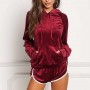 Full Sleeved Velvet Hooded Two Piece Short Hoodie Set - Red