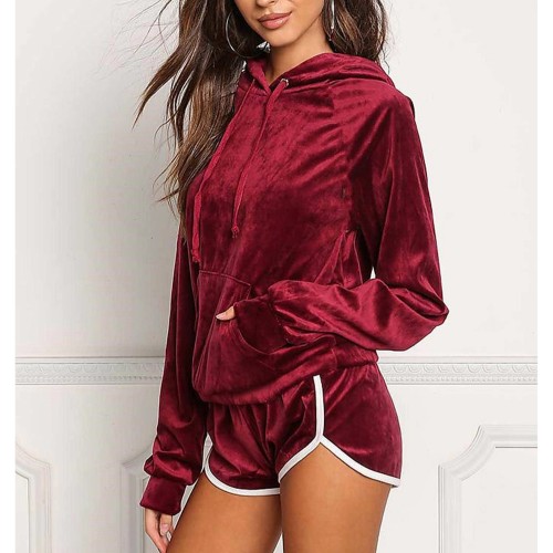Full Sleeved Velvet Hooded Two Piece Short Hoodie Set - Red image