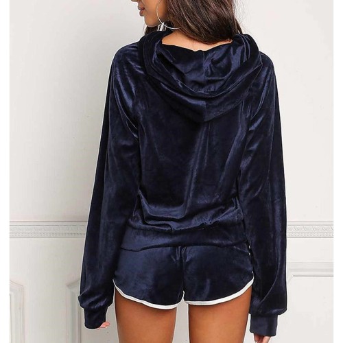 Full Sleeved Velvet Hooded Two Piece Short Hoodie Set - Blue image