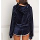 Full Sleeved Velvet Hooded Two Piece Short Hoodie Set - Blue image