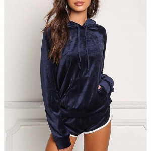 Full Sleeved Velvet Hooded Two Piece Short Hoodie Set - Blue
