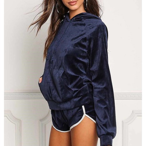 Full Sleeved Velvet Hooded Two Piece Short Hoodie Set - Blue image