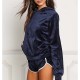 Full Sleeved Velvet Hooded Two Piece Short Hoodie Set - Blue image