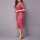  V-Neck Hip Fitted Floral Short Sleeve Midi Dress - Pink image