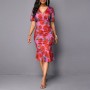  V-Neck Hip Fitted Floral Short Sleeve Midi Dress - Pink