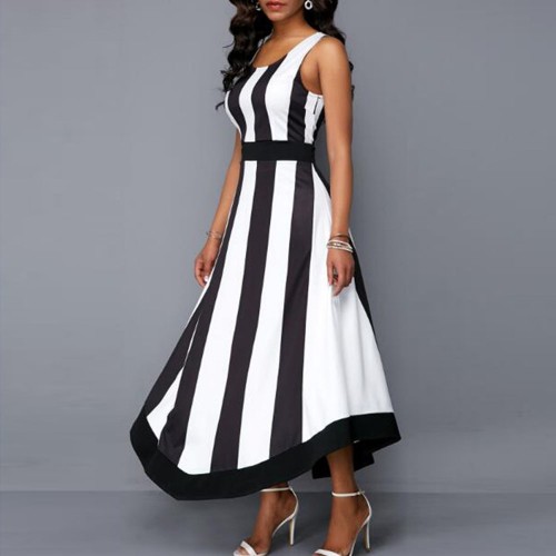 Western Style Striped High Waist Sleeveless Maxi Dress - White image