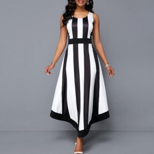 Western Style Striped High Waist Sleeveless Maxi Dress - White               