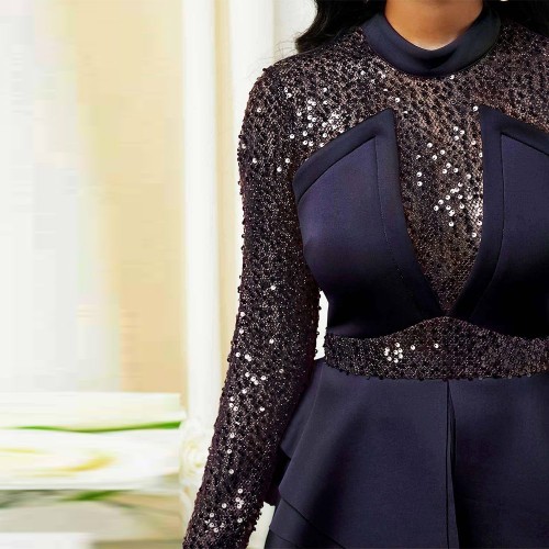 Elegant Sequin Mid-Length Peplum Dress - Black image