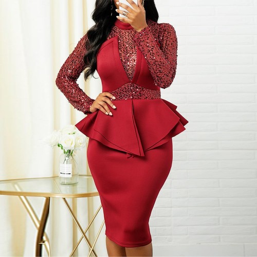 Elegant Sequin Mid-Length Peplum Dress - Red image