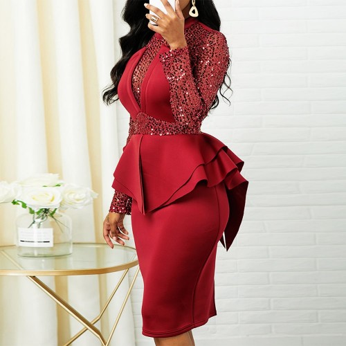Elegant Sequin Mid-Length Peplum Dress - Red image