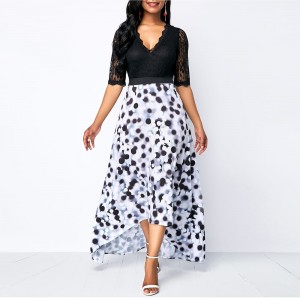 Polka Dots V-Neck Elastic Waist High-Low Maxi Dress - Black  