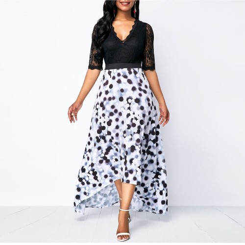 Polka Dots V-Neck Elastic Waist High-Low Maxi Dress - Black image