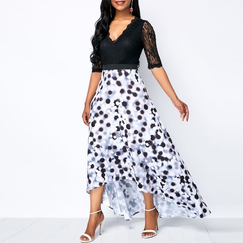 Polka Dots V-Neck Elastic Waist High-Low Maxi Dress - Black image