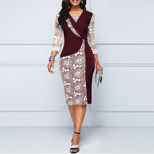  Beautiful V-Neck Three Quarter Sleeves Knee-Length Pencil Dress - Red image
