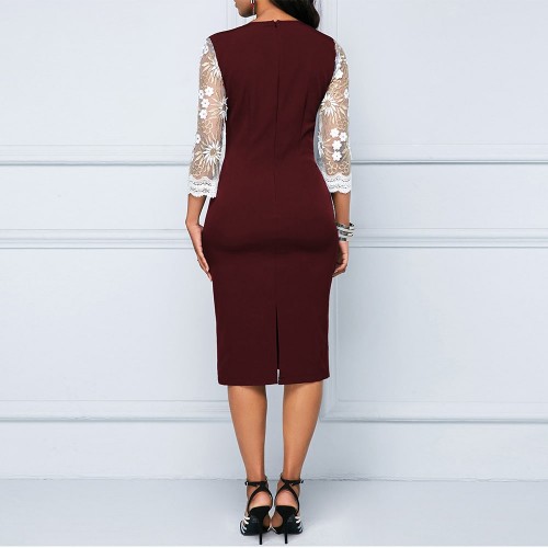  Beautiful V-Neck Three Quarter Sleeves Knee-Length Pencil Dress - Red image