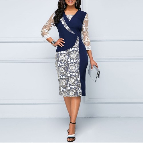  Beautiful V-Neck Three Quarter Sleeves Knee-Length Pencil Dress - Blue image