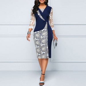  Beautiful V-Neck Three Quarter Sleeves Knee-Length Pencil Dress - Blue