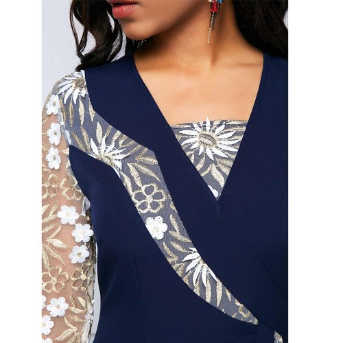  Beautiful V-Neck Three Quarter Sleeves Knee-Length Pencil Dress - Blue image