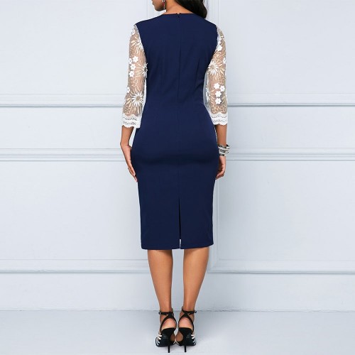  Beautiful V-Neck Three Quarter Sleeves Knee-Length Pencil Dress - Blue image