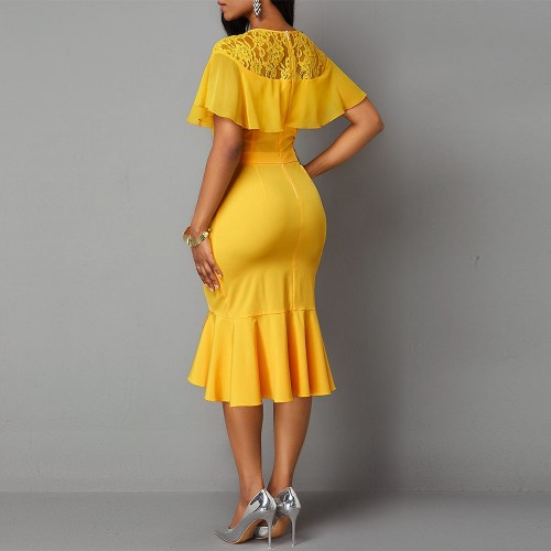 Asymmetrical Ladies Round Neck Bodycon Midi Dress - Yellow image