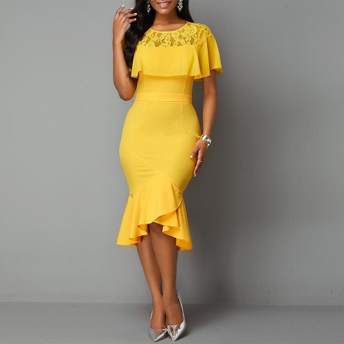 Asymmetrical Ladies Round Neck Bodycon Midi Dress - Yellow image