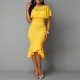 Asymmetrical Ladies Round Neck Bodycon Midi Dress - Yellow image
