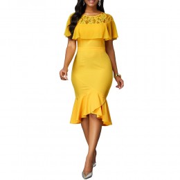 Asymmetrical Ladies Round Neck Bodycon Midi Dress - Yellow  