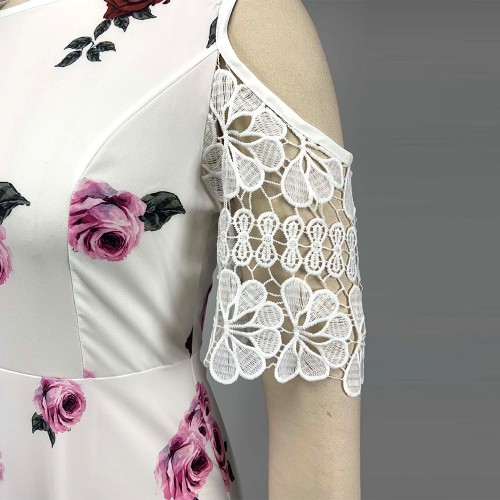 Floral Print Lace Stitching Cold Shoulder Maxi Dress - Red image