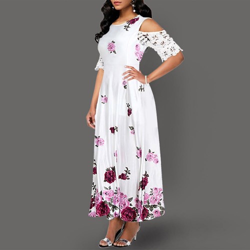 Floral Print Lace Stitching Cold Shoulder Maxi Dress - Red image