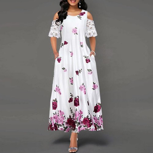 Floral Print Lace Stitching Cold Shoulder Maxi Dress - Red image