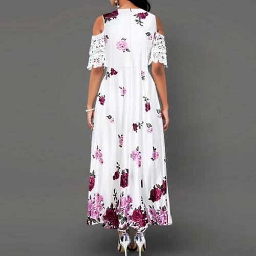 Floral Print Lace Stitching Cold Shoulder Maxi Dress - Red image