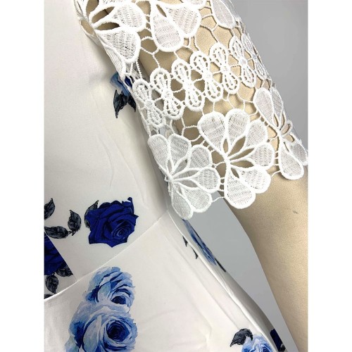 Floral Print Lace Stitching Cold Shoulder Maxi Dress - Blue image