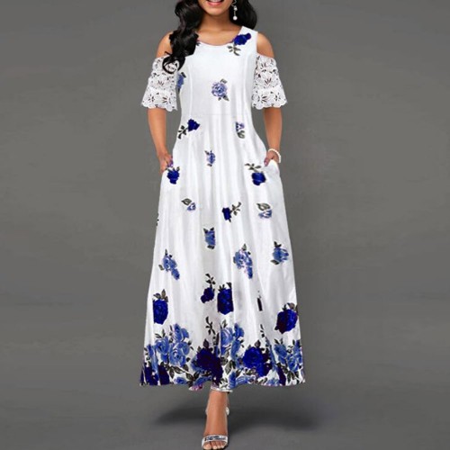 Floral Print Lace Stitching Cold Shoulder Maxi Dress - Blue image