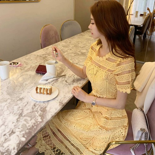  Korean Fashion Short Sleeve Mid-Calf Lace Dress - Yellow image