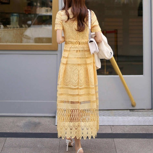  Korean Fashion Short Sleeve Mid-Calf Lace Dress - Yellow image