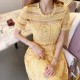  Korean Fashion Short Sleeve Mid-Calf Lace Dress - Yellow image