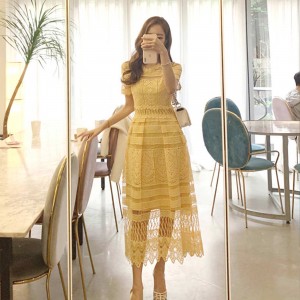  Korean Fashion Short Sleeve Mid-Calf Lace Dress - Yellow    