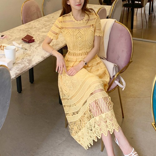  Korean Fashion Short Sleeve Mid-Calf Lace Dress - Yellow image