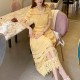  Korean Fashion Short Sleeve Mid-Calf Lace Dress - Yellow image