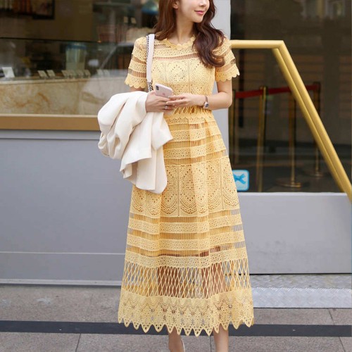  Korean Fashion Short Sleeve Mid-Calf Lace Dress - Yellow image
