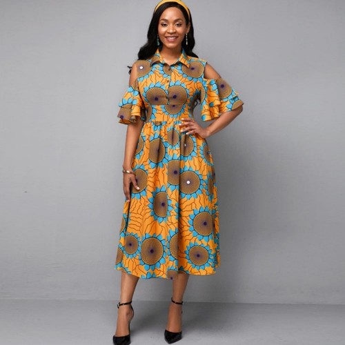 Trendy Cold Shoulder Casual Print Midi Pleated Dress - Orange image