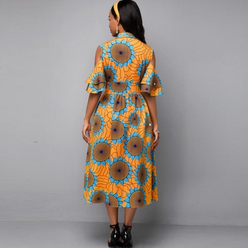 Trendy Cold Shoulder Casual Print Midi Pleated Dress - Orange image