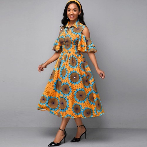 Trendy Cold Shoulder Casual Print Midi Pleated Dress - Orange image