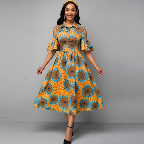 Trendy Cold Shoulder Casual Print Midi Pleated Dress - Orange image