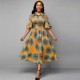 Trendy Cold Shoulder Casual Print Midi Pleated Dress - Orange image