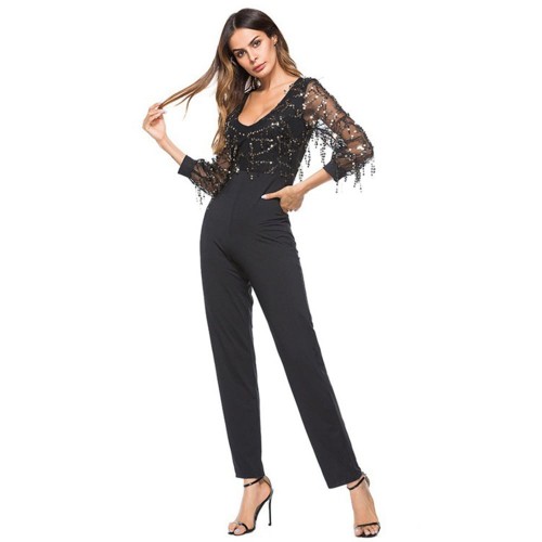 Solid Color V-Neck High Waist Sequin Jumpsuit For Ladies - Black image